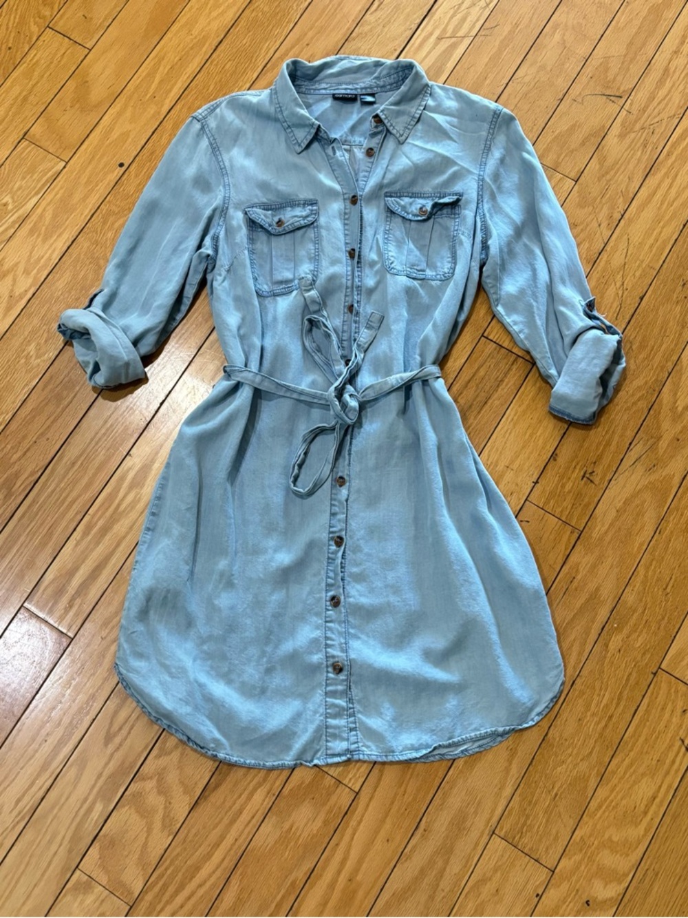 Light Blue Denim-Style Midi Shirt Dress with Waist Tie